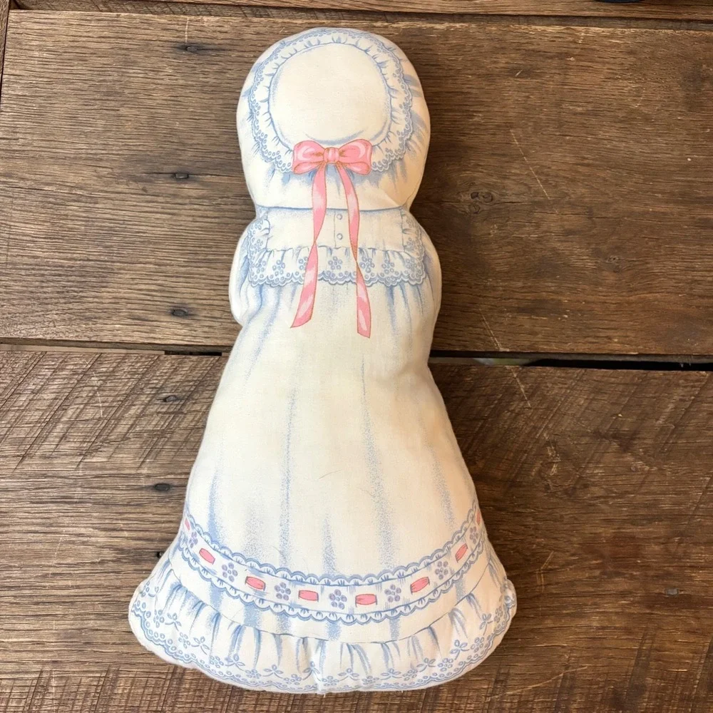 Vintage Doll Hand Sewn Foam Filled‎ 16 in Dress & Bonnet Rattle Blue Pink